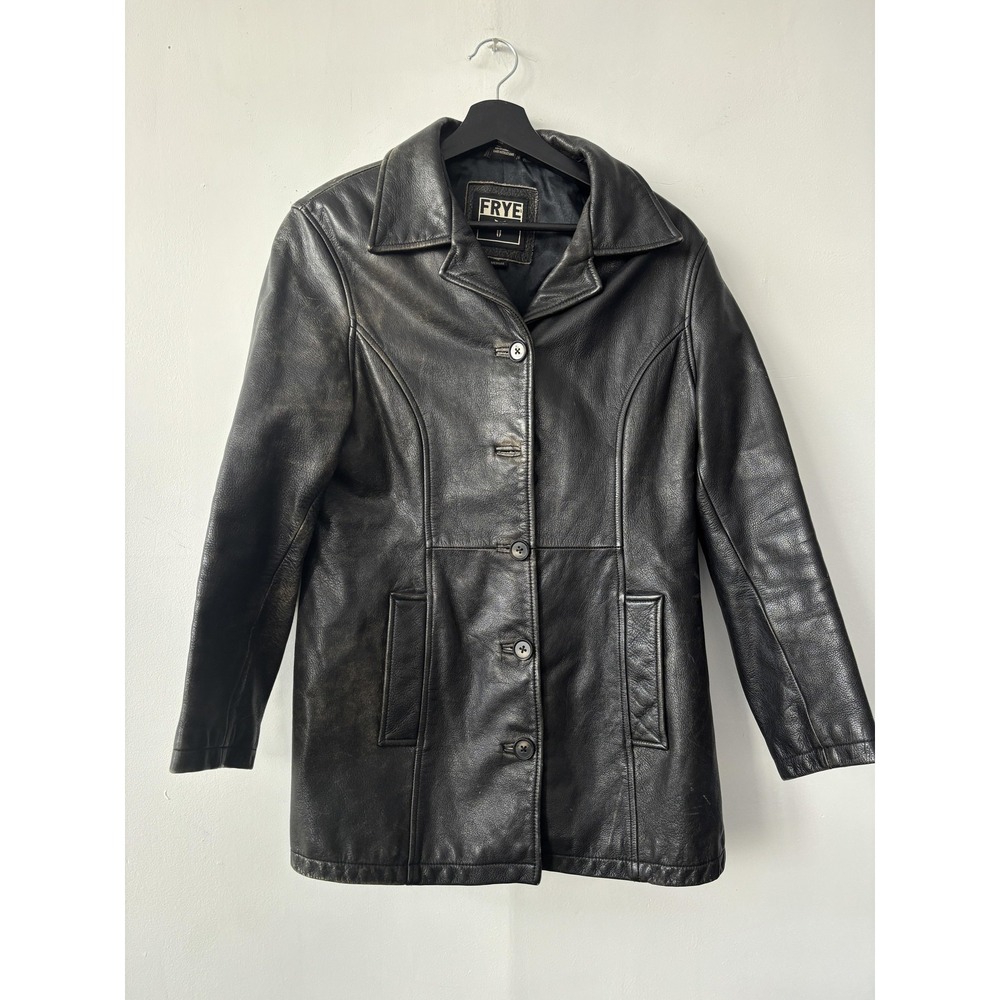 Vintage Frye Leather Jacket Womens Medium Black Button Front Long Car Coat